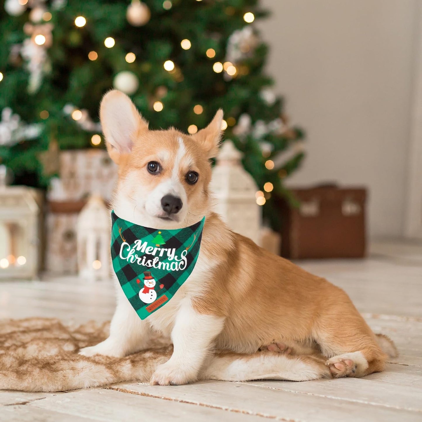 2 Pack Dog Bandana Christmas Classic Plaid Pet Scarf Triangle Bibs Kerchief Merry Christmas Santa Snowman Print Pet Bandana for Medium Large Dogs Pets (Large, Red&Green)