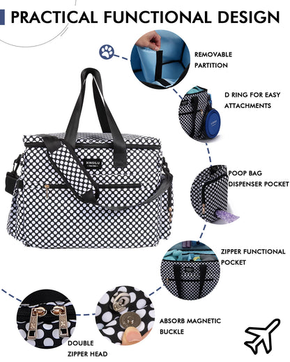 Dog Travel Bag, Weekend Pet Travel Set for Dog and Cat, Airline Approved Tote Organizer with Multi-Function Pockets-Polka Dots